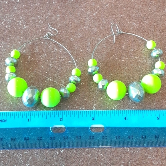 Neon Green and Silver Tone Hoop Earrings - Picture 4 of 7